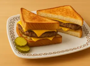 Angus patty melt with angus beef patty and melted cheese in a sandwich
