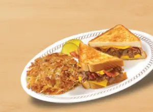 southern style dinner texas bacon cheesesteak melt with hashbrowns at the waffle house